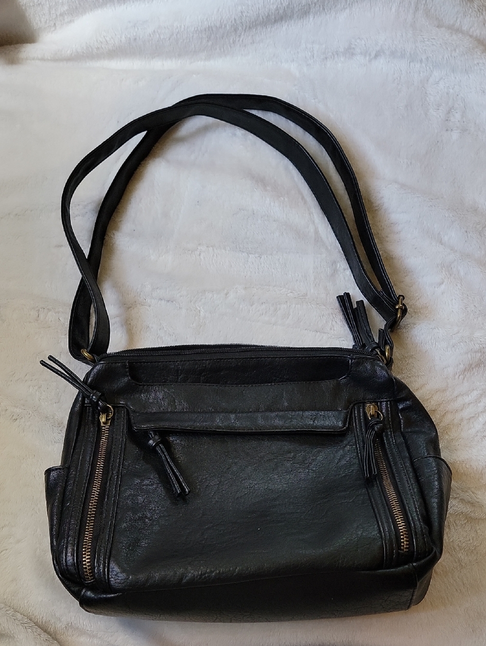 Bueno Black Leather Double-Strap Shoulder Bag